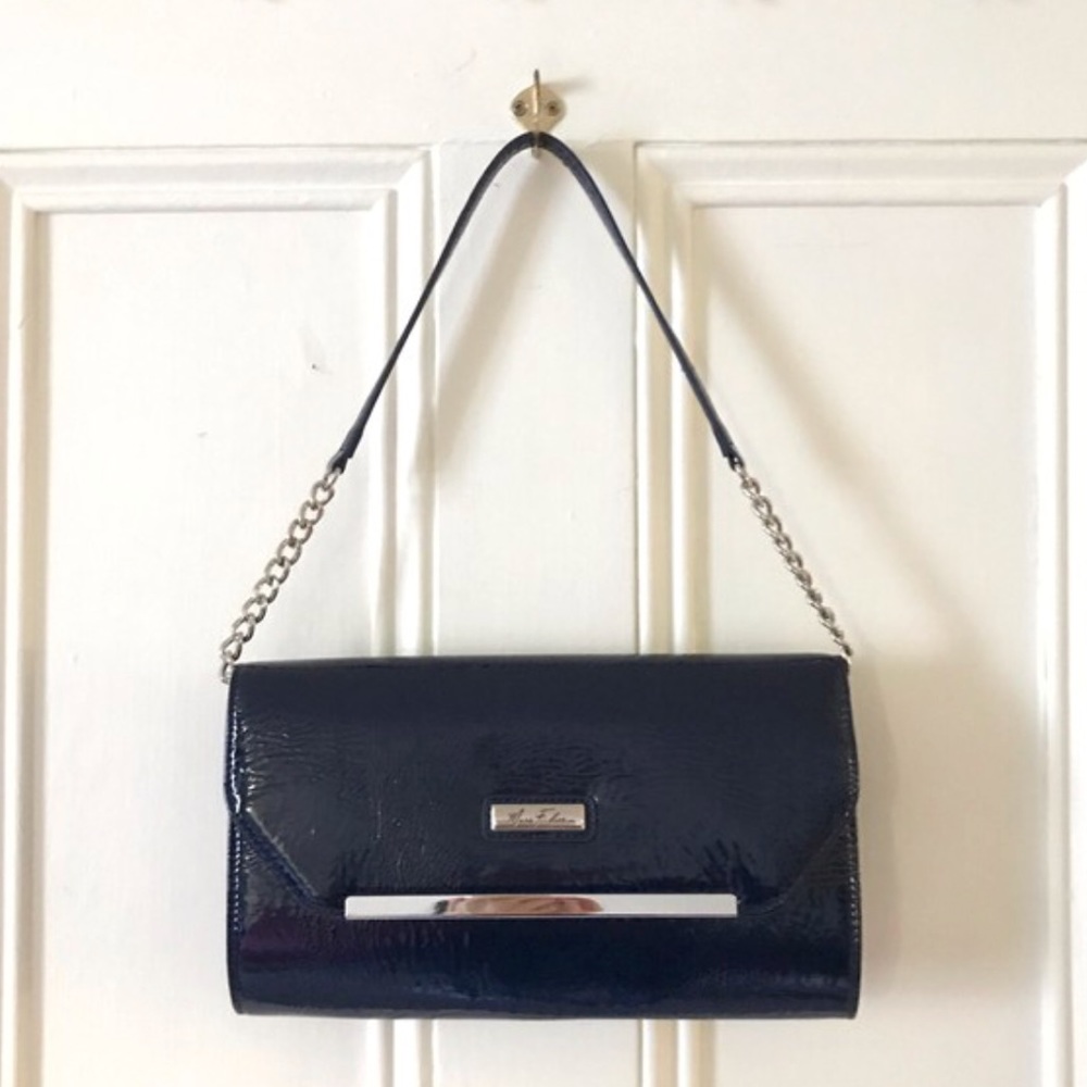 Blue patent clutch handbag